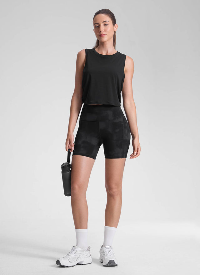 CRZ YOGA Women's Yoga High Rise Biker Butterluxe Pockets Shorts 5'' Black Tie Dye Flowers @model_info:Malisa