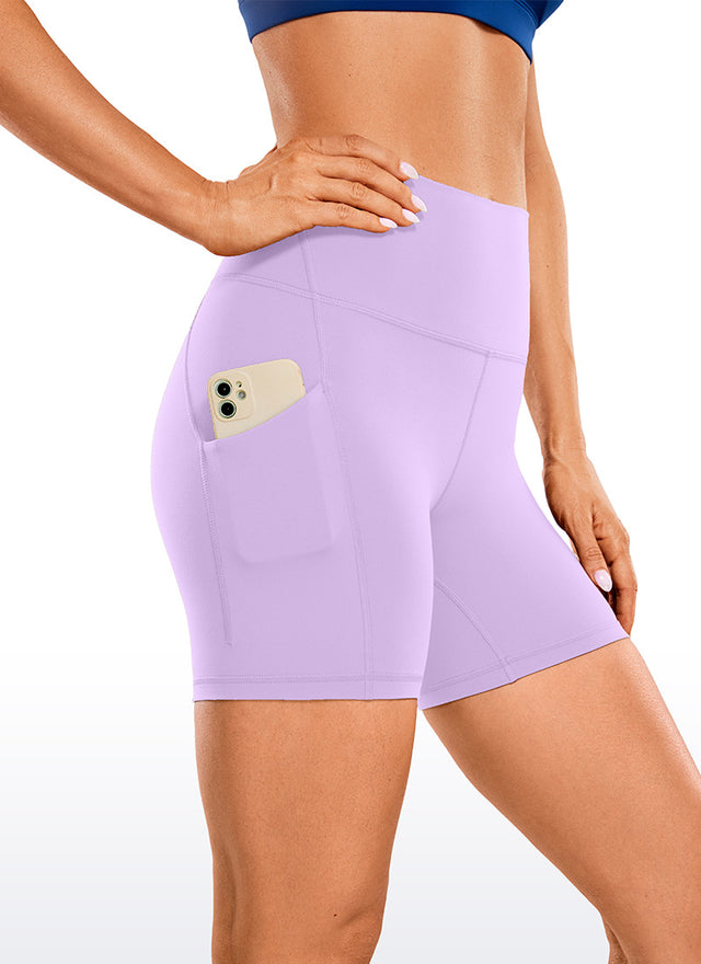 CRZ YOGA Women's Yoga High Rise Biker Butterluxe Pockets Shorts 5'' Elfin Purple