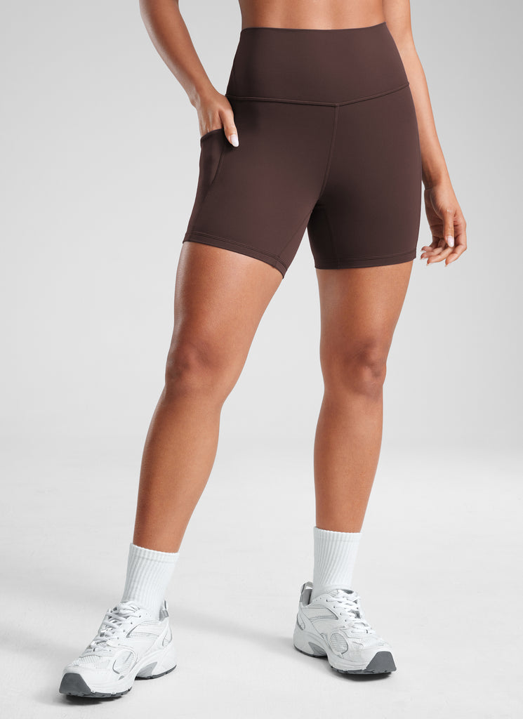 CRZ YOGA Women's Yoga High Rise Biker Butterluxe Pockets Shorts 5'' Hot Fudge Brown