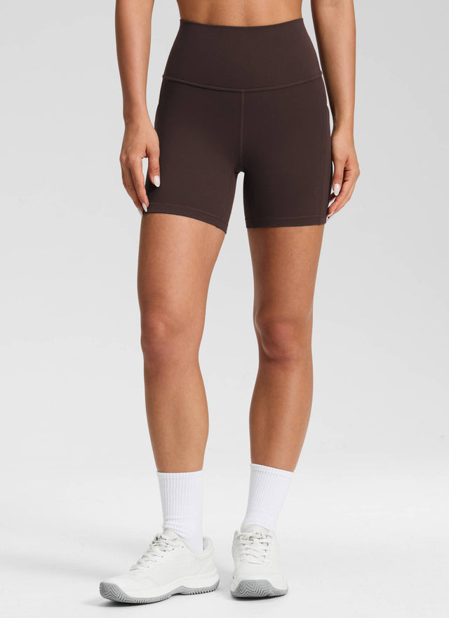 CRZ YOGA Women's Yoga High Rise Biker Butterluxe Pockets Shorts 5'' Hot Fudge Brown