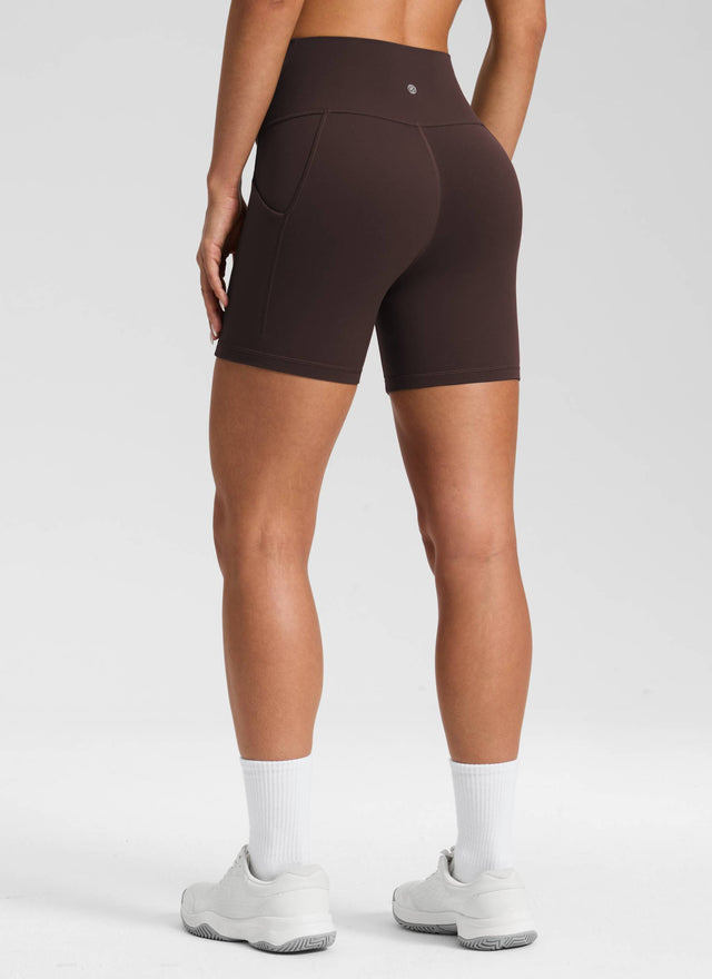 CRZ YOGA Women's Yoga High Rise Biker Butterluxe Pockets Shorts 5'' Hot Fudge Brown @model_info:Isidora