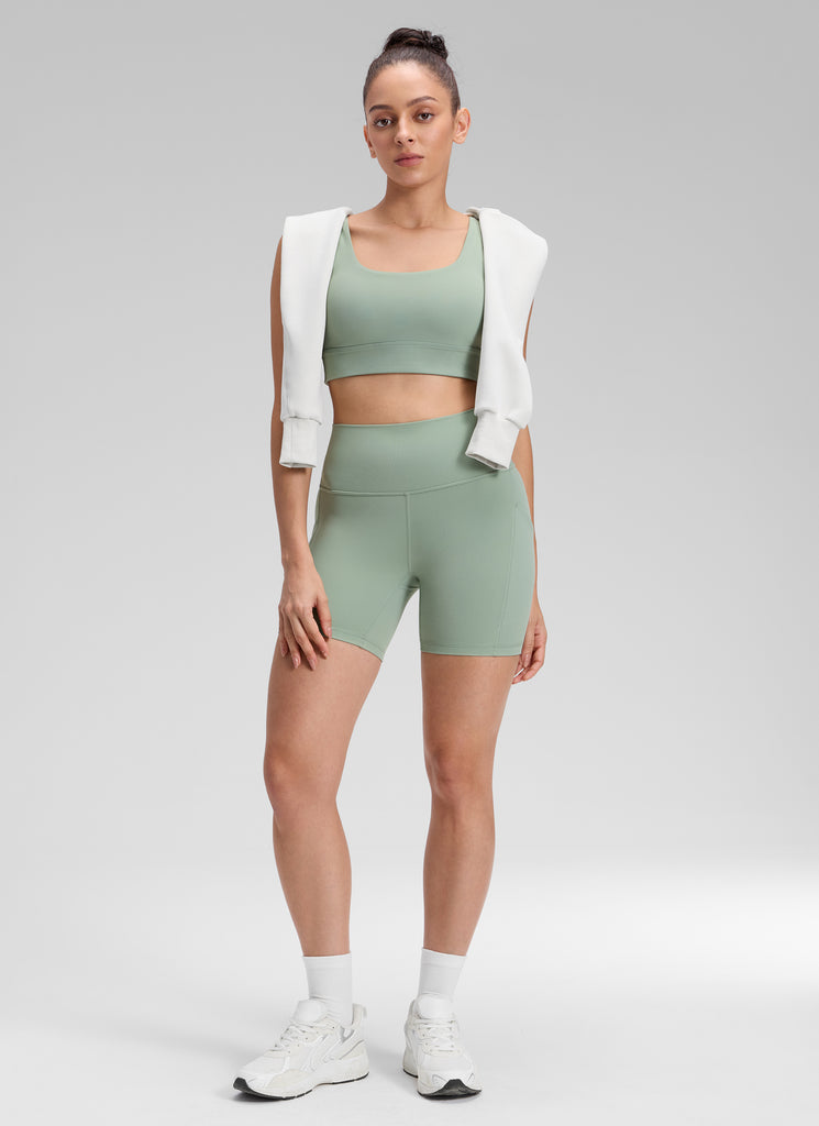 CRZ YOGA Women's Yoga High Rise Biker Butterluxe Pockets Shorts 5'' Green Palm Court