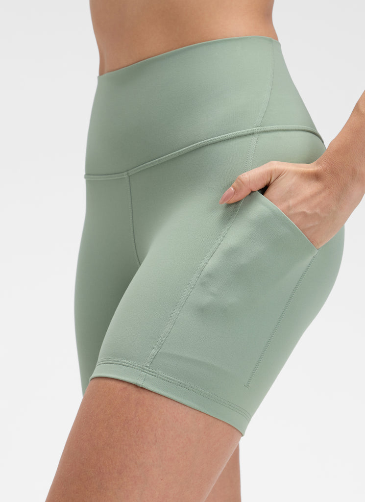 CRZ YOGA Women's Yoga High Rise Biker Butterluxe Pockets Shorts 5'' Green Palm Court