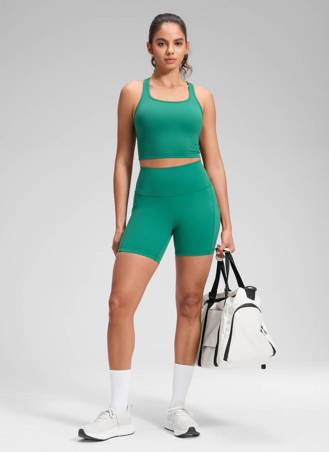 CRZ YOGA Women's Yoga High Rise Biker Butterluxe Pockets Shorts 5'' Cascadia Green @model_info:Dany