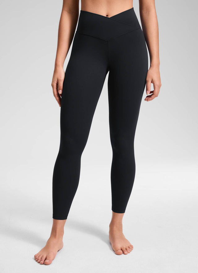 CRZ YOGA Women's High Rise Butterluxe Yoga Leggings 25'' V Cross Waist Black @model_info:Fiona