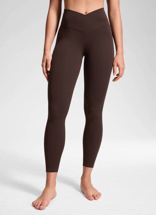 CRZ YOGA Women's High Rise Butterluxe Yoga Leggings 25'' V Cross Waist Hot Fudge Brown
