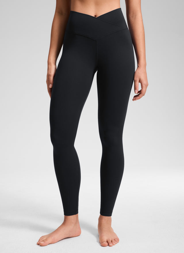 CRZ YOGA Women's High Rise Butterluxe Yoga Leggings 28'' V Cross Waist Black @model_info:Fiona