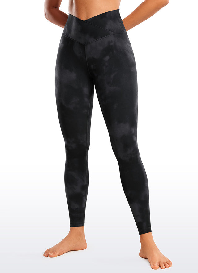CRZ YOGA Women's High Rise Butterluxe Yoga Leggings 28'' V Cross Waist Black Tie Dye Flowers @model_info:Gigi
