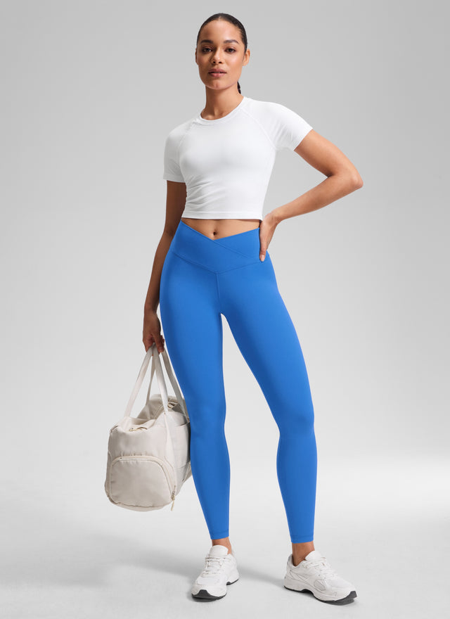 CRZ YOGA Women's High Rise Butterluxe Yoga Leggings 28'' V Cross Waist Sparkle Blue