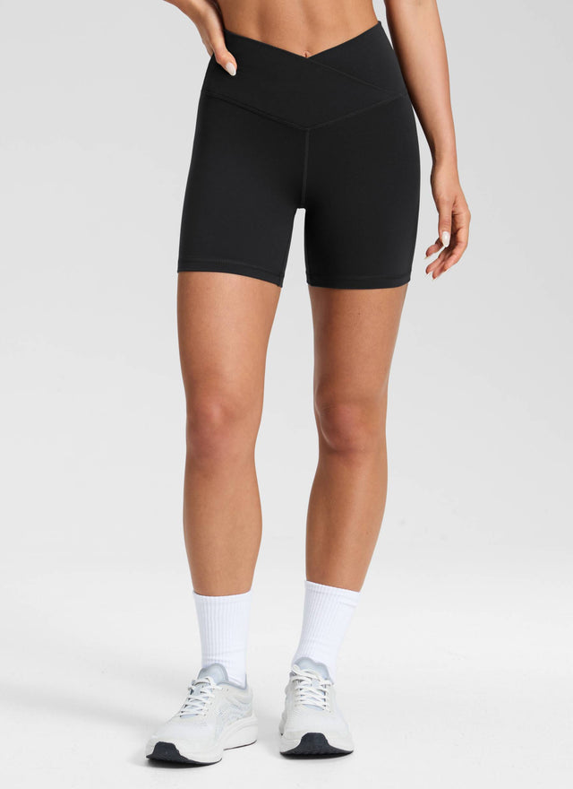 CRZ YOGA Women's High Rise Butterluxe V Cross Waist Biker Shorts 5'' Black