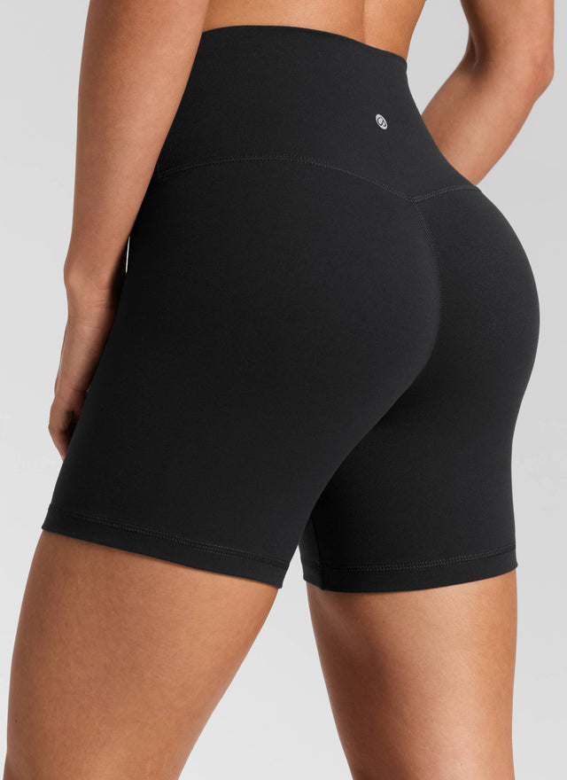 CRZ YOGA Women's High Rise Butterluxe V Cross Waist Biker Shorts 5'' Black @model_info:Isidora