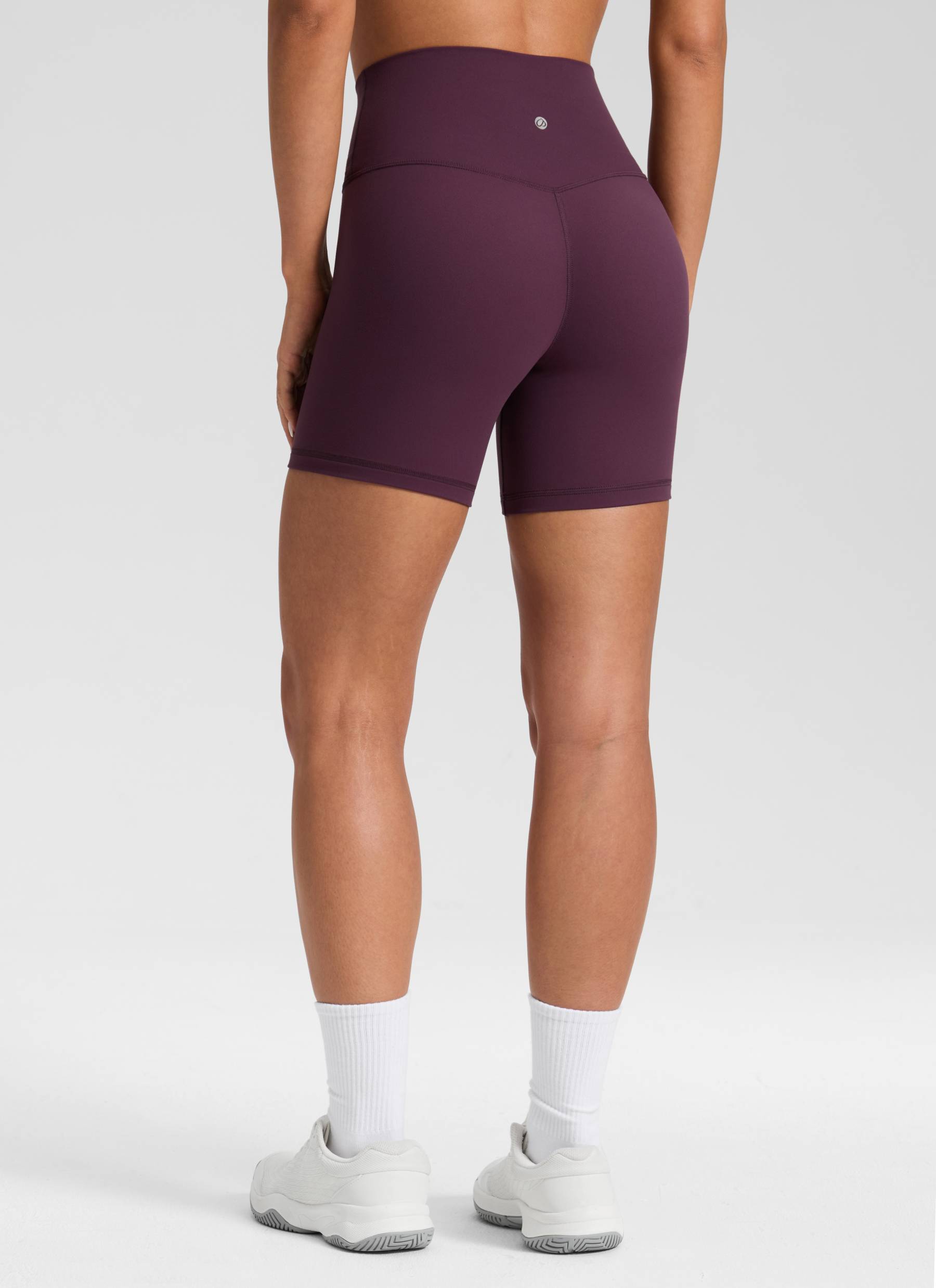 CRZ YOGA Women's High Rise Butterluxe V Cross Waist Biker Shorts 5'' Deep Purple @model_info:Isidora