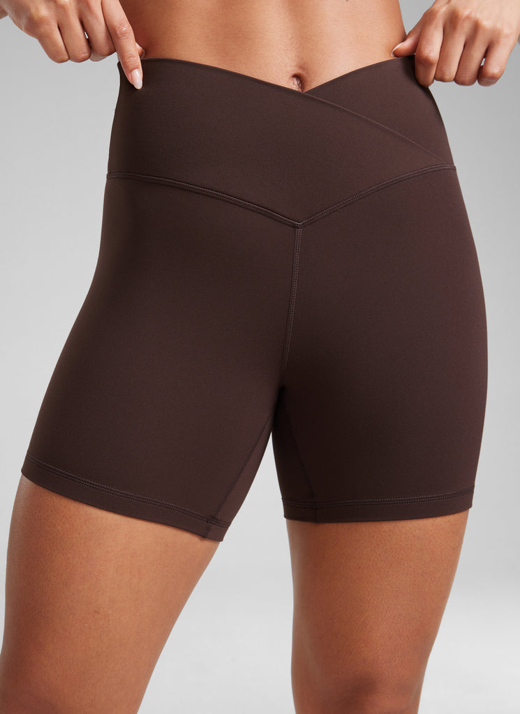 CRZ YOGA Women's High Rise Butterluxe V Cross Waist Biker Shorts 5'' Hot Fudge Brown
