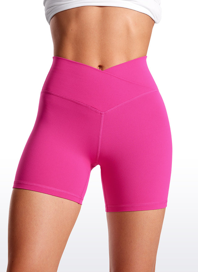CRZ YOGA Women's High Rise Butterluxe V Cross Waist Biker Shorts 5'' Hibiscus Purple