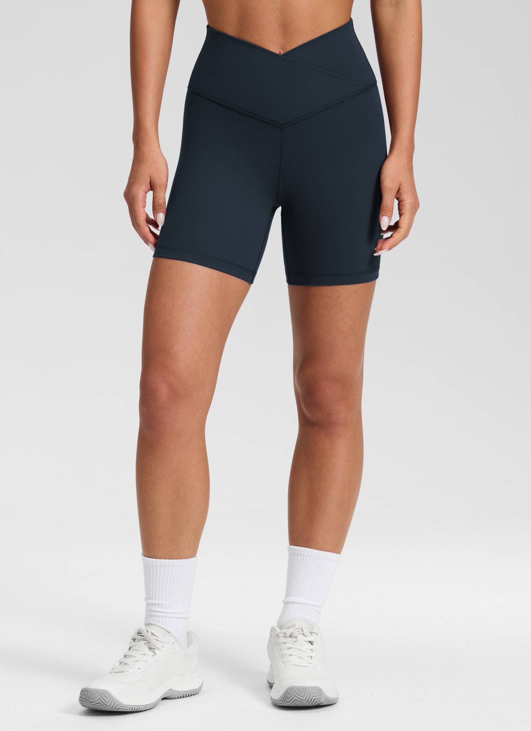 CRZ YOGA Women's High Rise Butterluxe V Cross Waist Biker Shorts 5'' True Navy