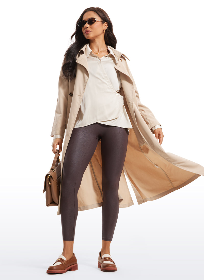 CRZ YOGA Women Butterluxe Matte Faux Leather No Front Seam Leggings 25'' Hot Fudge Brown Foil Pattern @model_info:Amanda