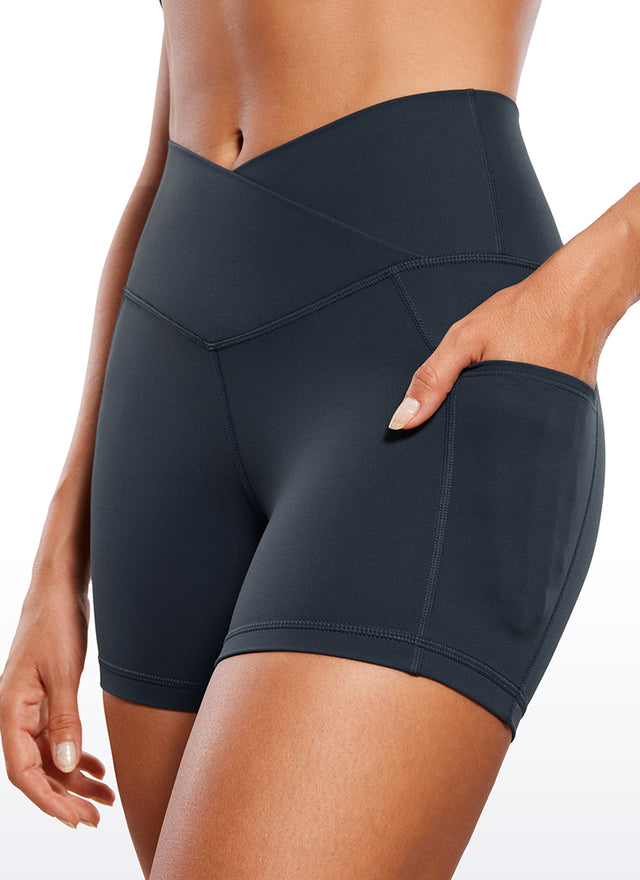 CRZ YOGA Women's High Rise Butterluxe V Cross Waist Pockets Shorts 4'' True Navy