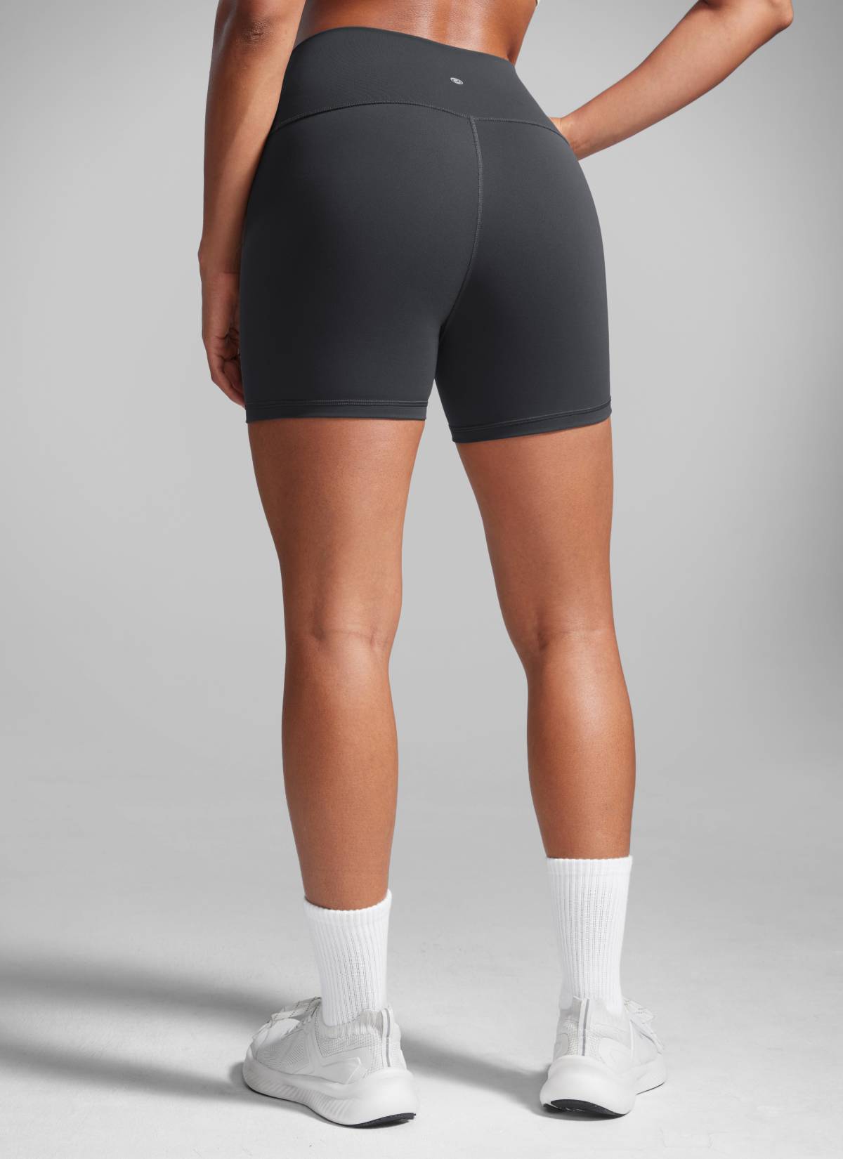 CRZ YOGA Women's Workout High Rise Biker Shorts Butterbreeze Shorts 4'' Mysterious Grey @model_info:Crystal