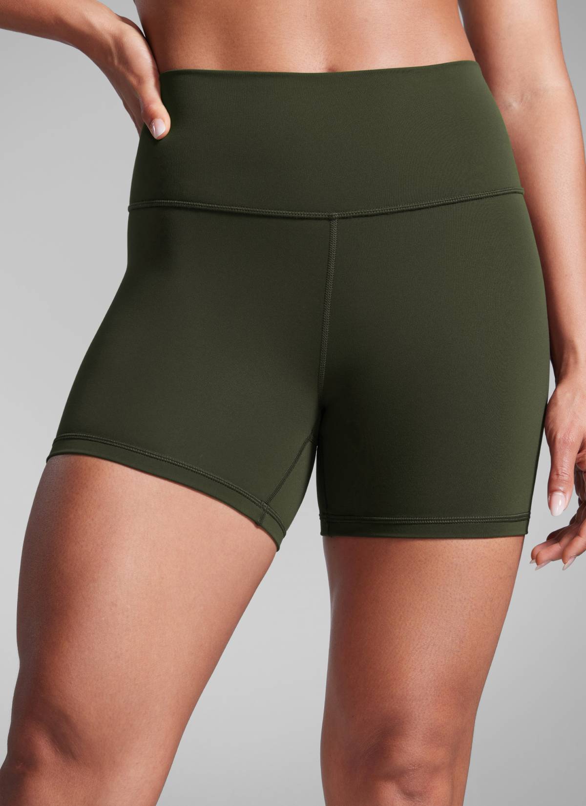 CRZ YOGA Women's Workout High Rise Biker Shorts Butterbreeze Shorts 4'' Olive Green @model_info:Crystal