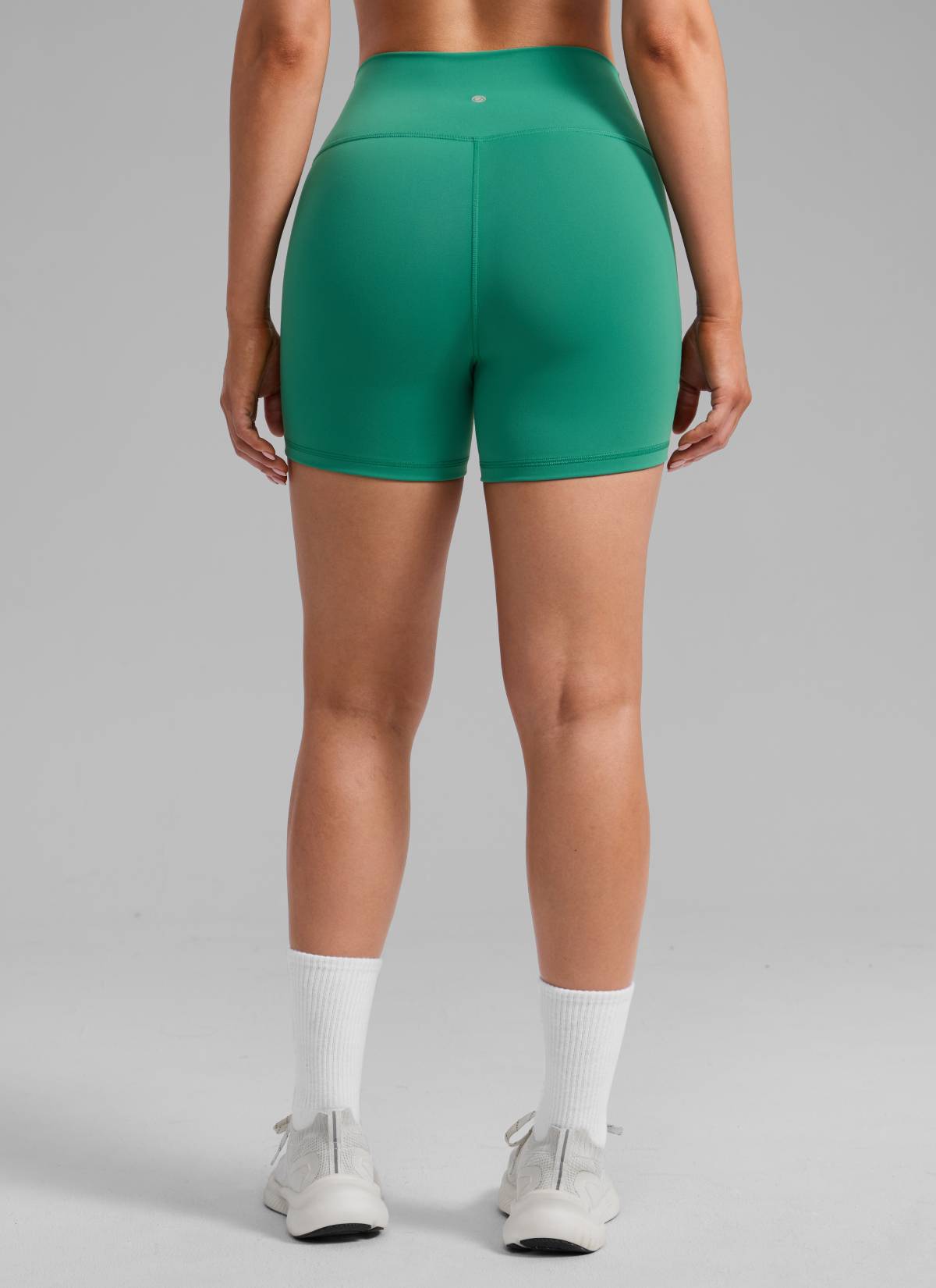 CRZ YOGA Women's Workout High Rise Biker Shorts Butterbreeze Shorts 4'' Cascadia Green @model_info:Mariana