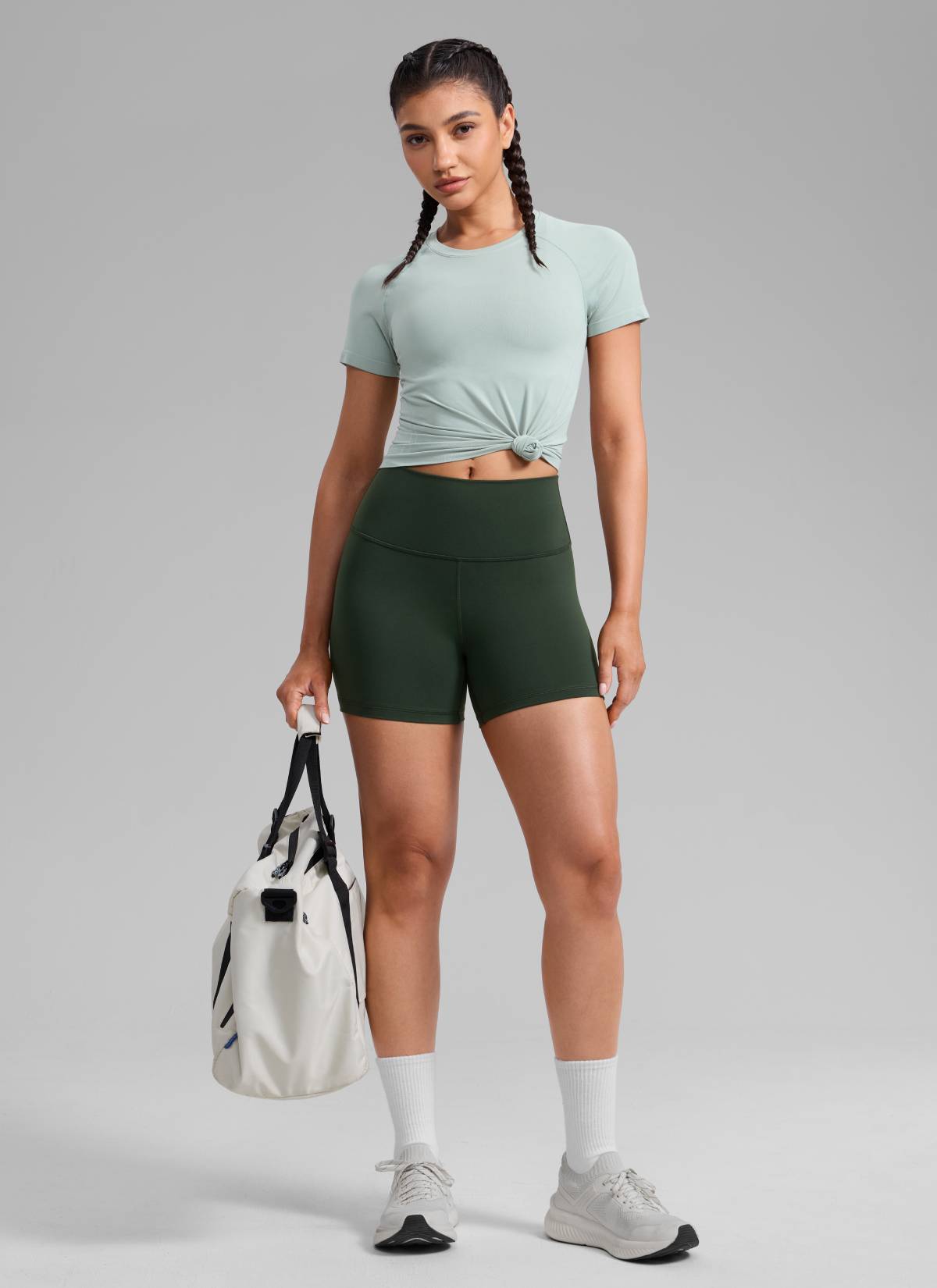 CRZ YOGA Women's Workout High Rise Biker Shorts Butterbreeze Shorts 4'' Legend Green @model_info:Mariana