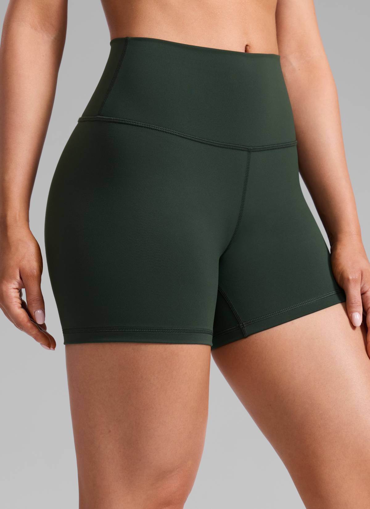 CRZ YOGA Women's Workout High Rise Biker Shorts Butterbreeze Shorts 4'' Legend Green @model_info:Mariana