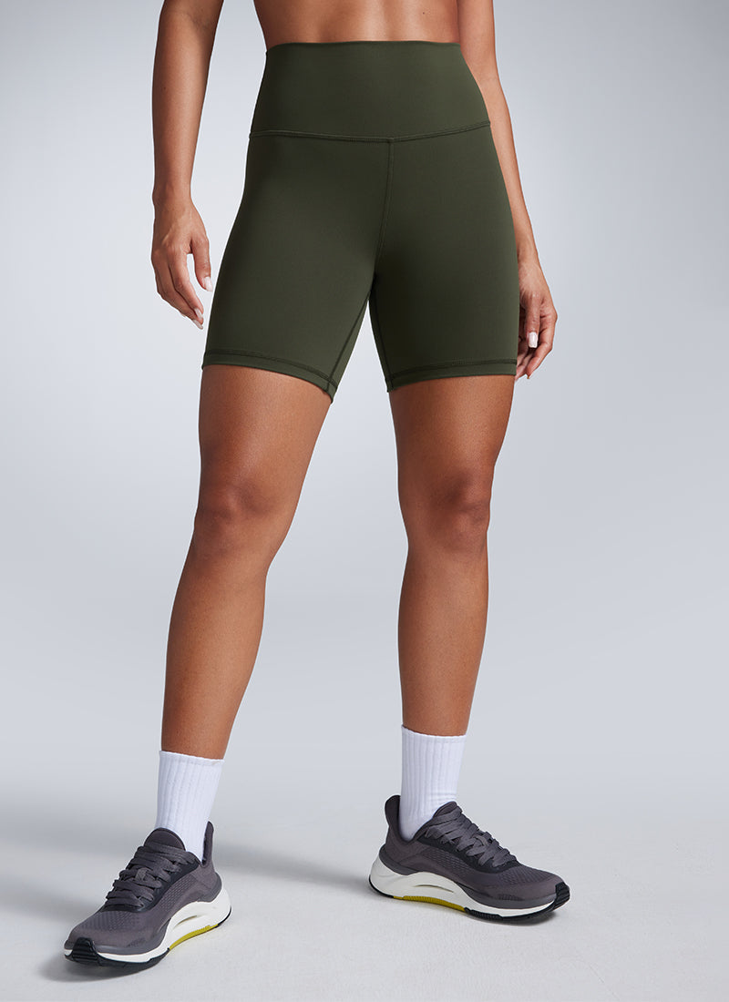 CRZ YOGA Women's Workout High Rise Biker Shorts Butterbreeze Shorts 6'' Olive Green @model_info:Crystal