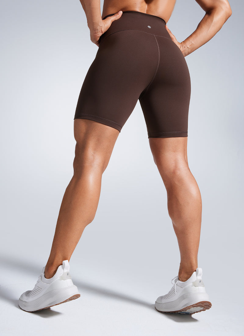 CRZ YOGA Women's Workout High Rise Biker Shorts Butterbreeze Shorts 6'' Hot Fudge Brown @model_info:Cintia