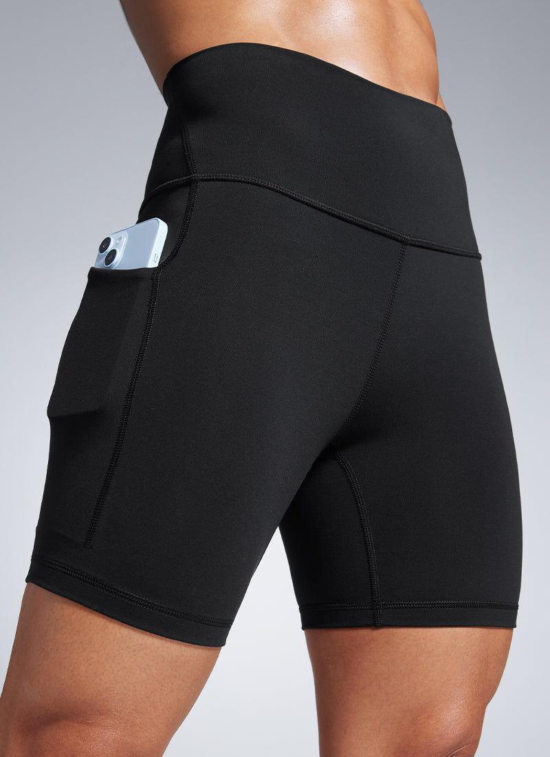 CRZ YOGA Women's Workout High Rise Pocket Shorts Butterbreeze Shorts 6'' Black @model_info:Cintia