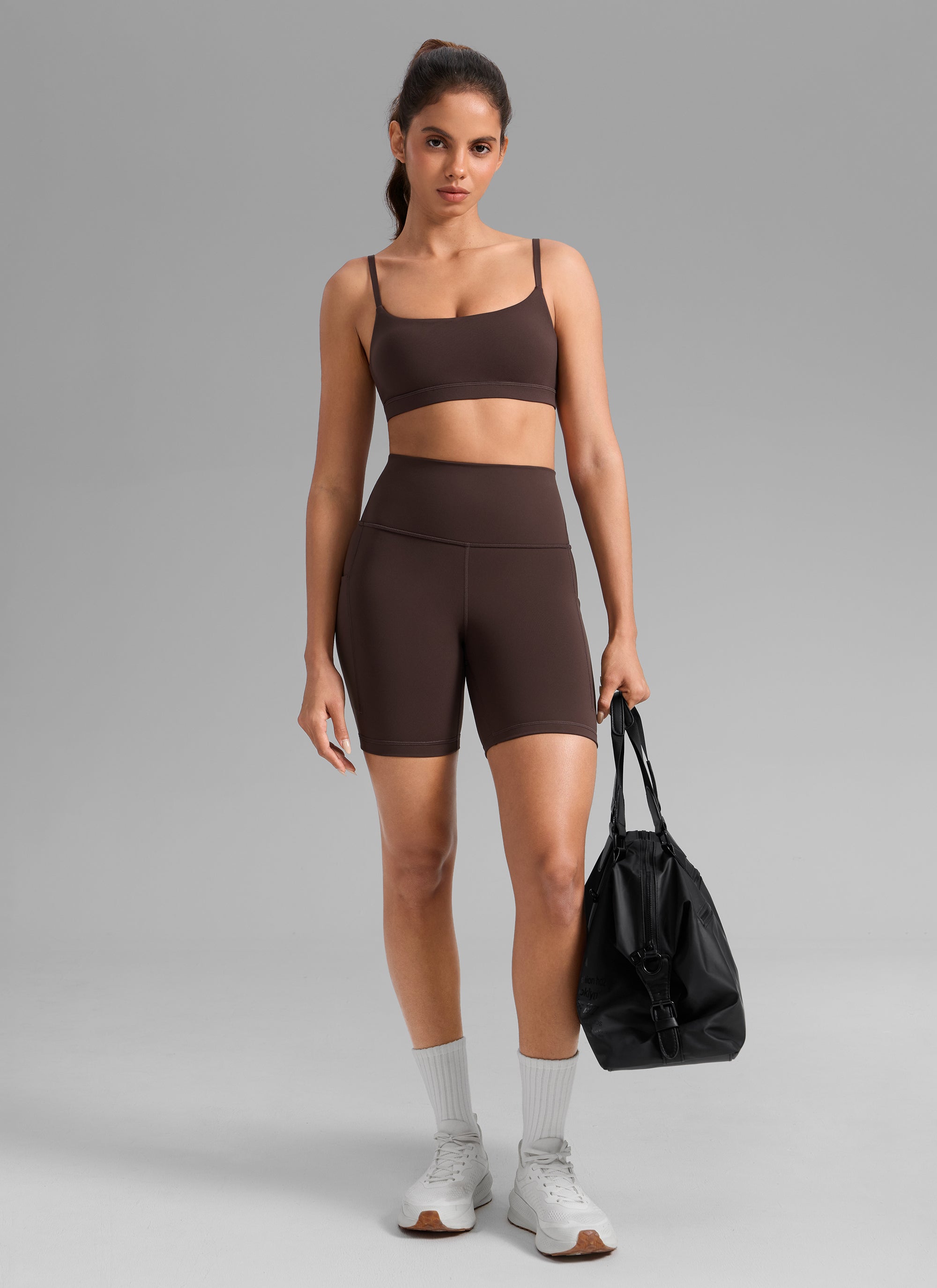 CRZ YOGA Women's Workout High Rise Pocket Shorts Butterbreeze Shorts 6'' Hot Fudge Brown @model_info:Dany