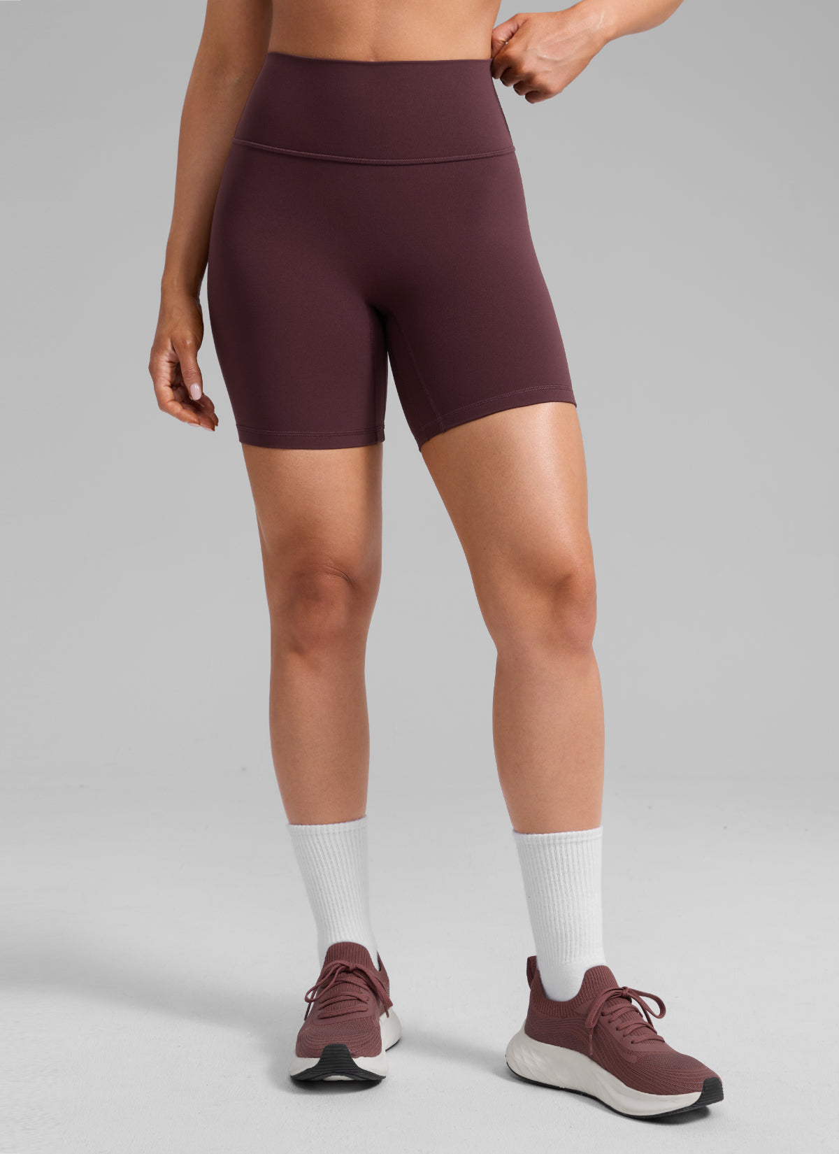CRZ YOGA Butterlift Womens Scrunch Butt Biker Shorts 6'' No Front Seam Ripe Plum @model_info:Mariana
