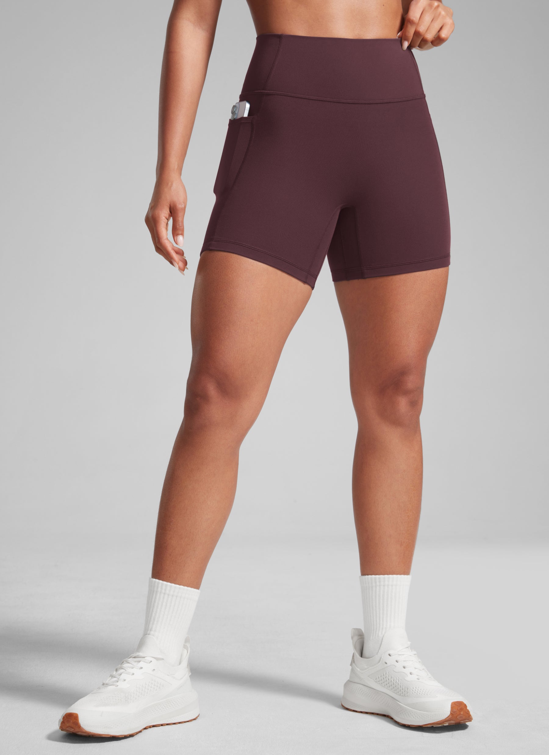 CRZ YOGA Butterlift Womens Scrunch Butt No Front Seam Pocket Biker Shorts 5'' Ripe Plum @model_info:Crystal