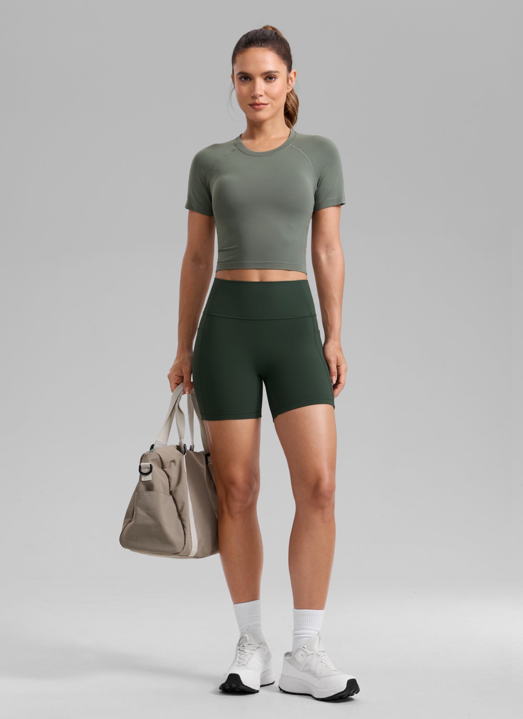 CRZ YOGA Butterlift Womens Scrunch Butt No Front Seam Pocket Biker Shorts 5'' Legend Green
