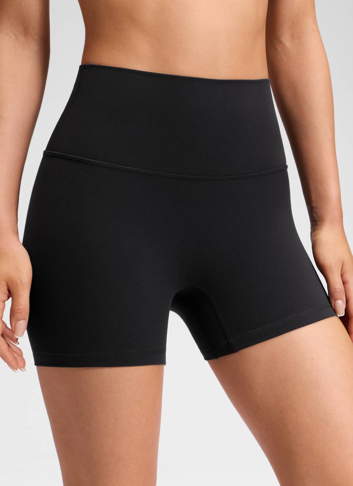 CRZ YOGA Women's Butterluxe Yoga High Rise No Front Seam Shorts 4'' Black @model_info:Milena