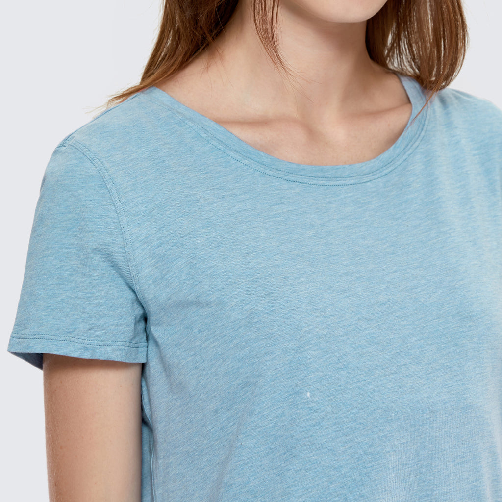 CRZ YOGA Women's Casual Relaxed Fit Shirts Pima Cotton Short Sleeves Heathered Neptune Blue