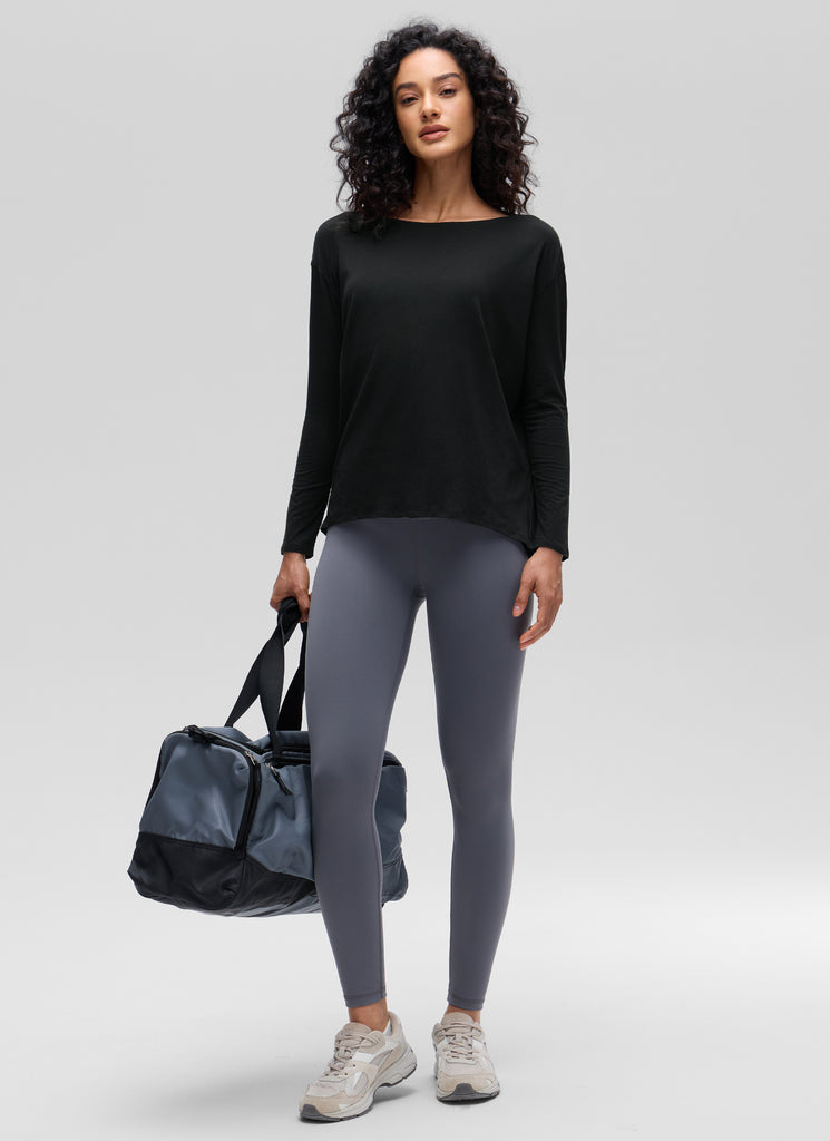 CRZ YOGA Women's Casual Loose Fit Pima Cotton Long Sleeves Boat Neck Black