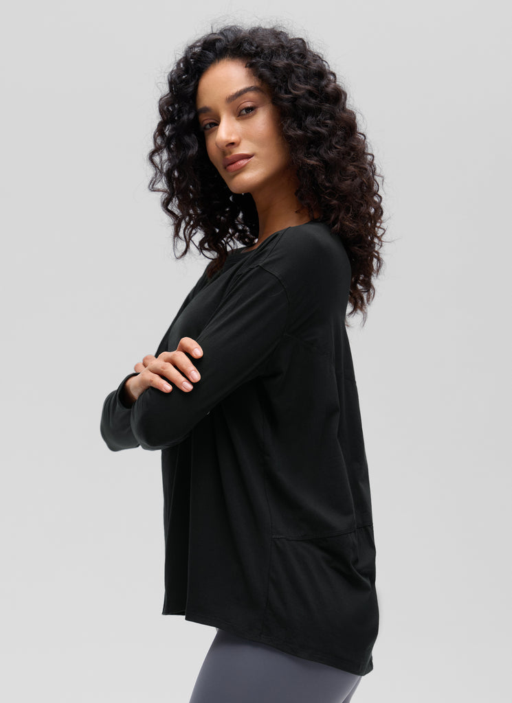 CRZ YOGA Women's Casual Loose Fit Pima Cotton Long Sleeves Boat Neck Black