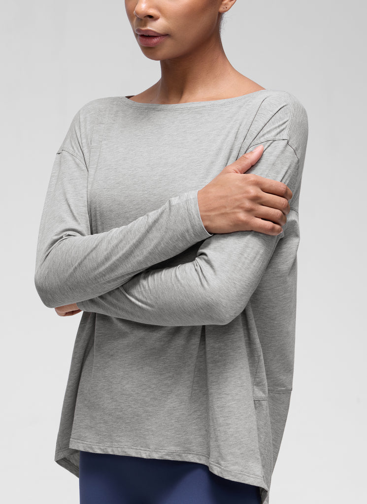 CRZ YOGA Women's Casual Loose Fit Pima Cotton Long Sleeves Boat Neck Heathered Medium Grey