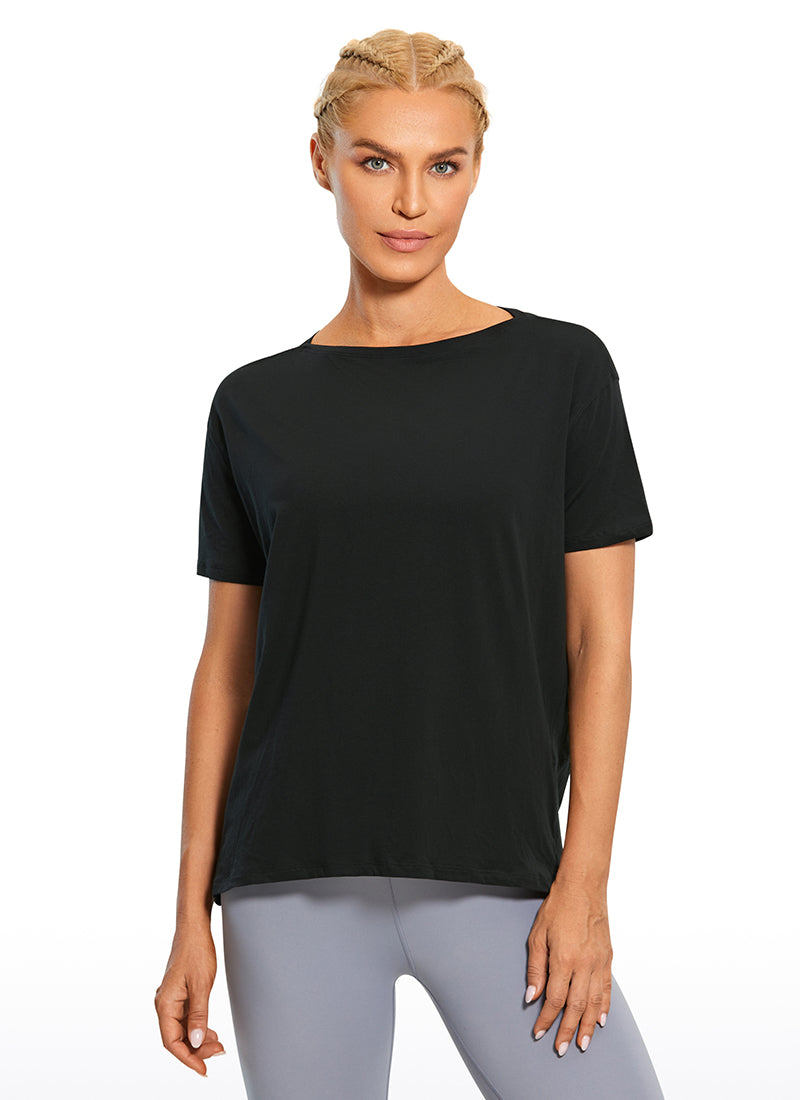 CRZ YOGA Women's Yoga Loose Fit Pima Cotton Short Sleeves Boat Neck Black