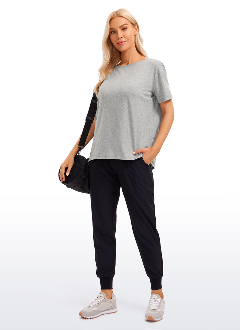 CRZ YOGA Women's Yoga Loose Fit Pima Cotton Short Sleeves Boat Neck Heathered Medium Grey