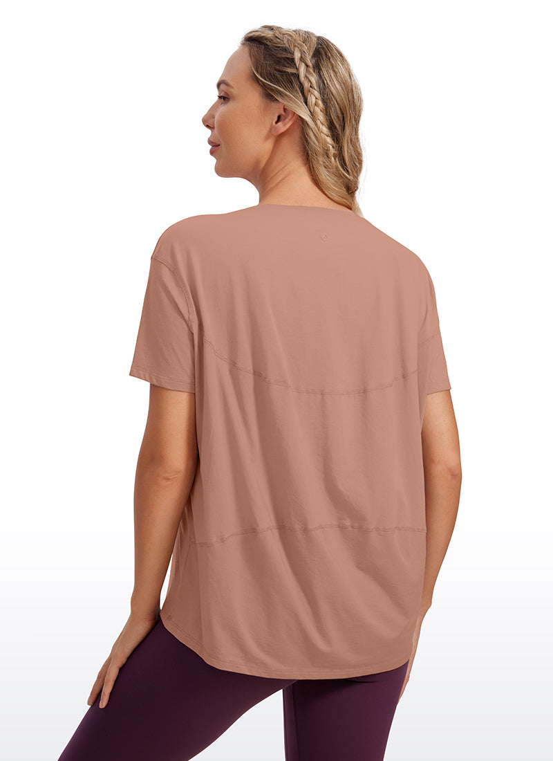 CRZ YOGA Women's Yoga Loose Fit Pima Cotton Short Sleeves Boat Neck Mocha Mousse