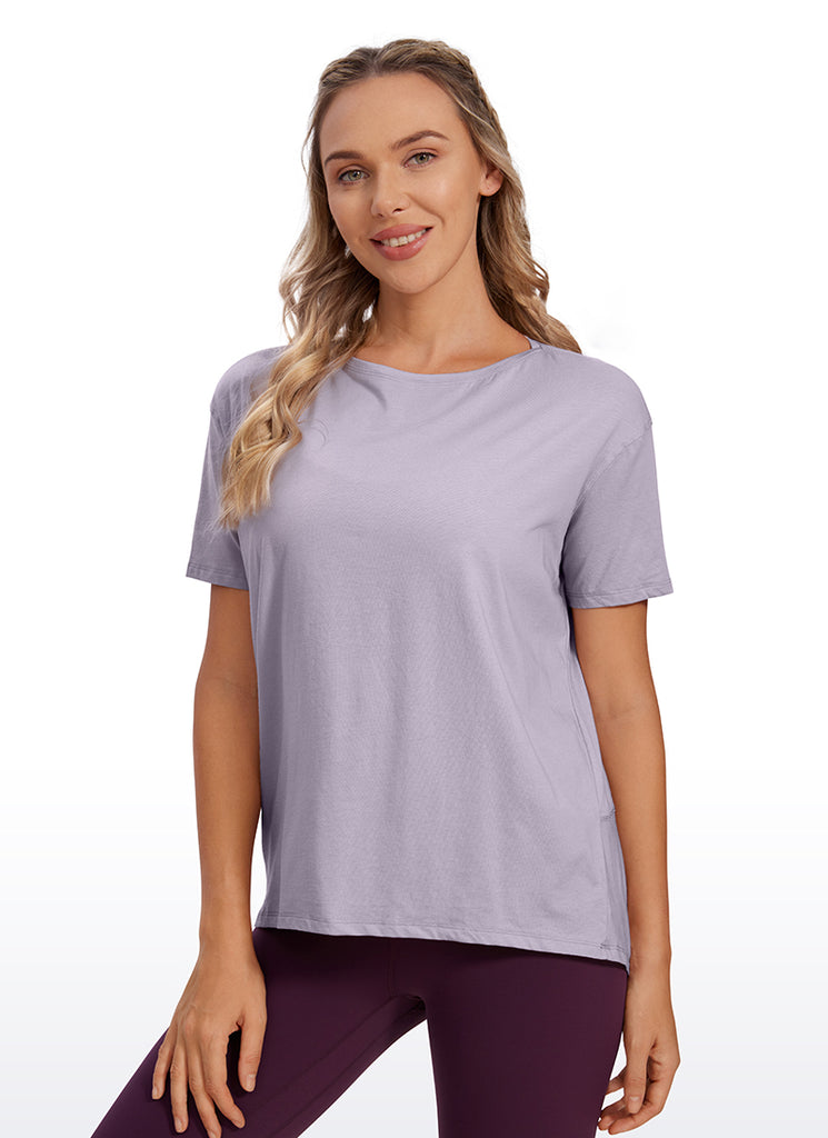 CRZ YOGA Women's Yoga Loose Fit Pima Cotton Short Sleeves Boat Neck Tinsel Purple
