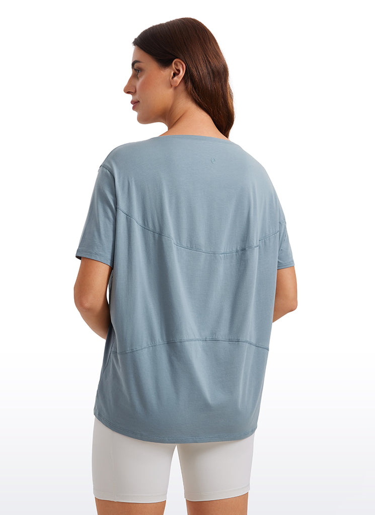 CRZ YOGA Women's Yoga Loose Fit Pima Cotton Short Sleeves Boat Neck Belgian Blue