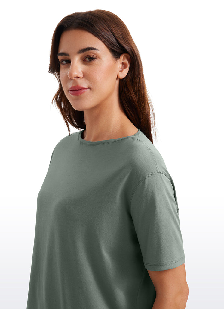 CRZ YOGA Women's Yoga Loose Fit Pima Cotton Short Sleeves Boat Neck Strawberry Pink