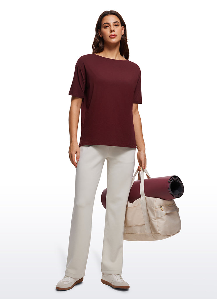 CRZ YOGA Women's Yoga Loose Fit Pima Cotton Short Sleeves Boat Neck Grey Sage