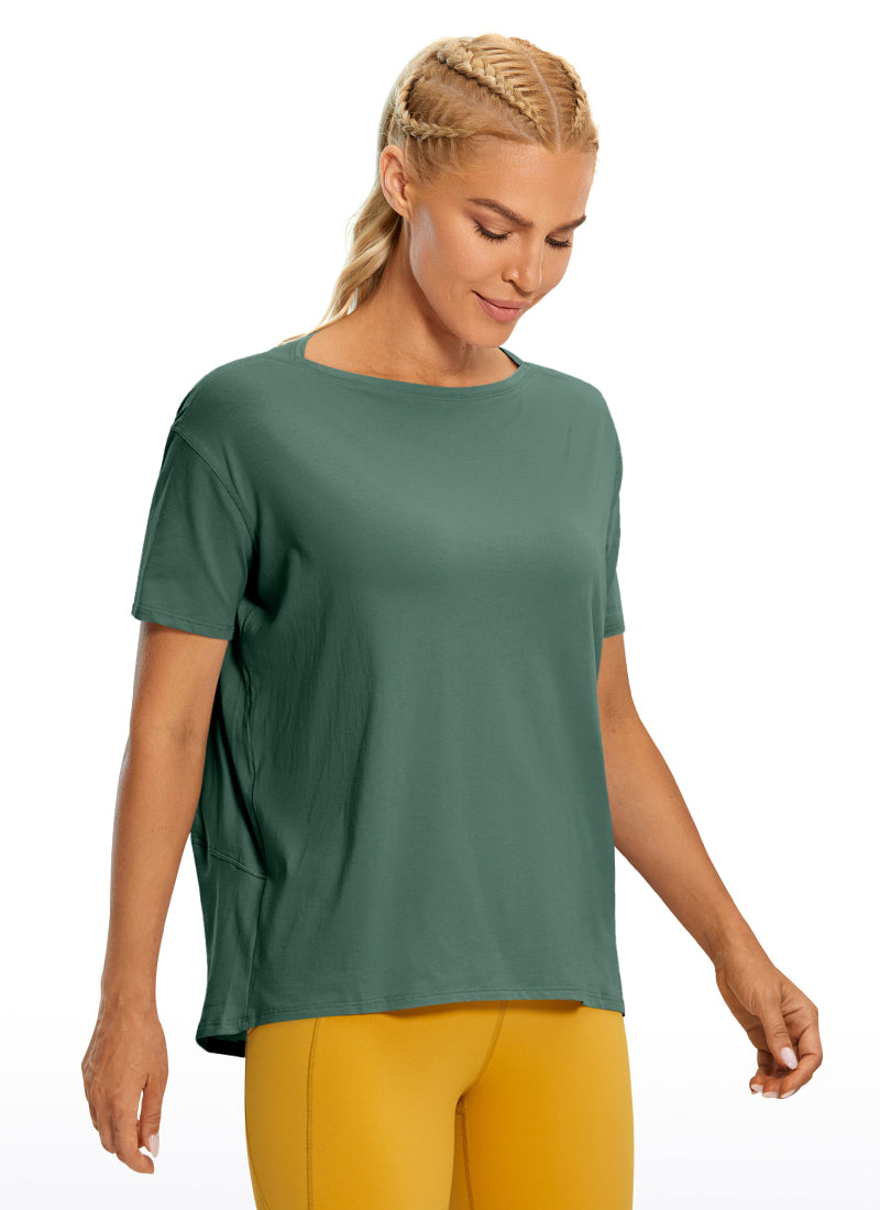 CRZ YOGA Women's Yoga Loose Fit Pima Cotton Short Sleeves Boat Neck Graphite Green