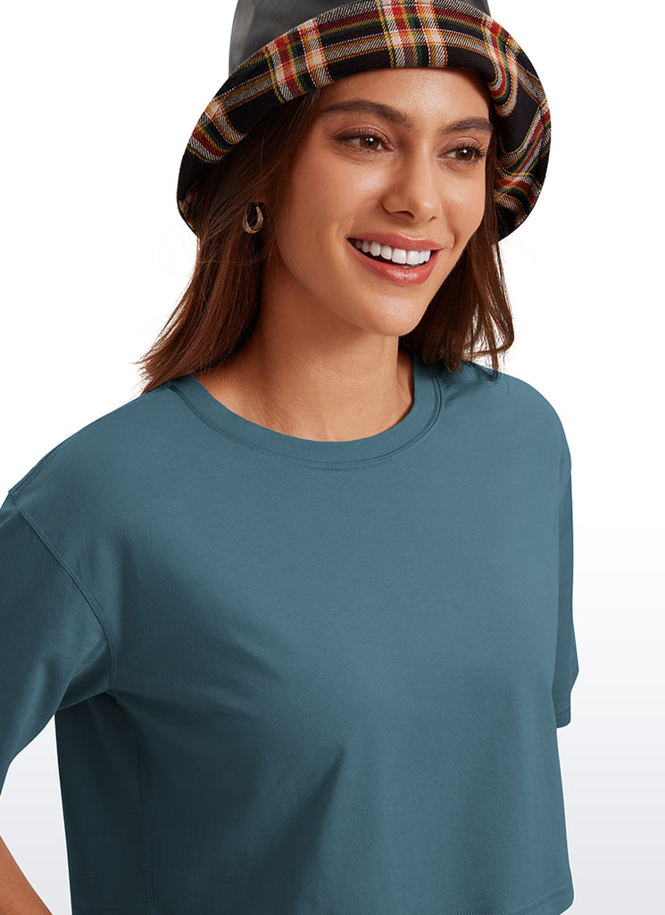 CRZ YOGA Women's Casual Loose Fit Pima Cotton Short Sleeves Cropped Slate Blue