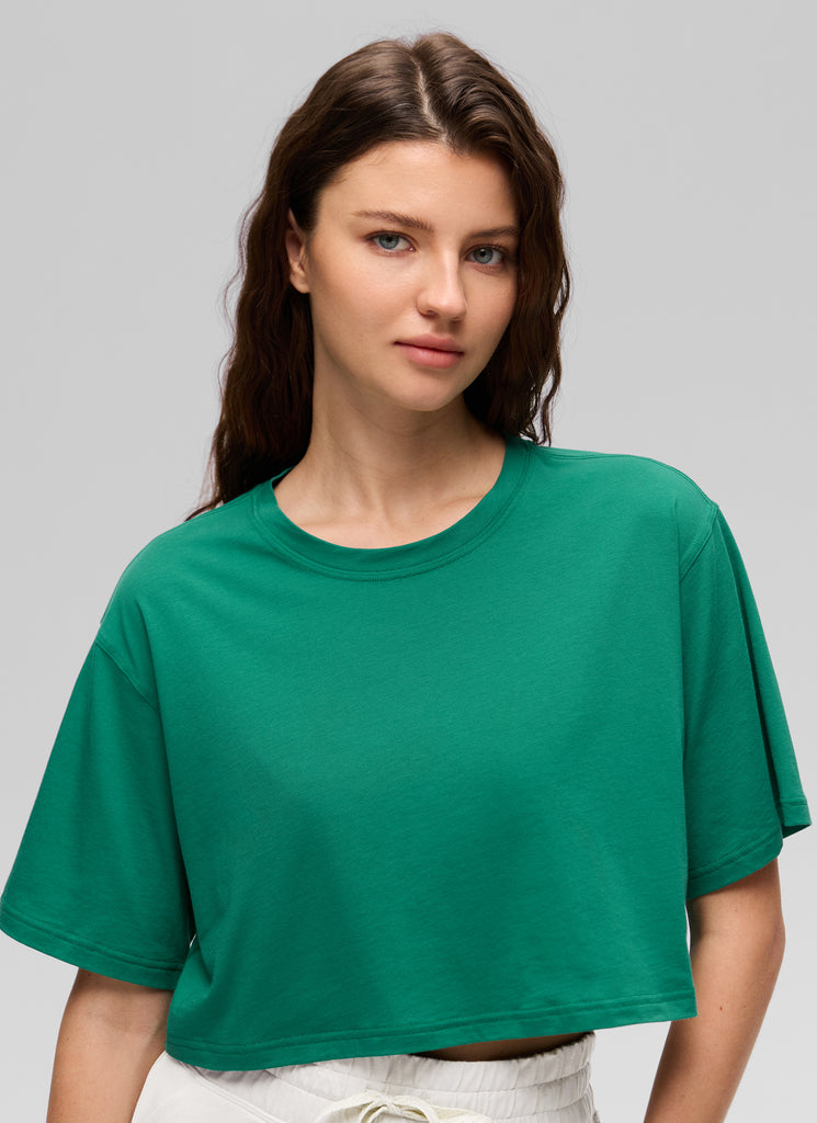 CRZ YOGA Women's Casual Loose Fit Pima Cotton Short Sleeves Cropped Eggplant Heather