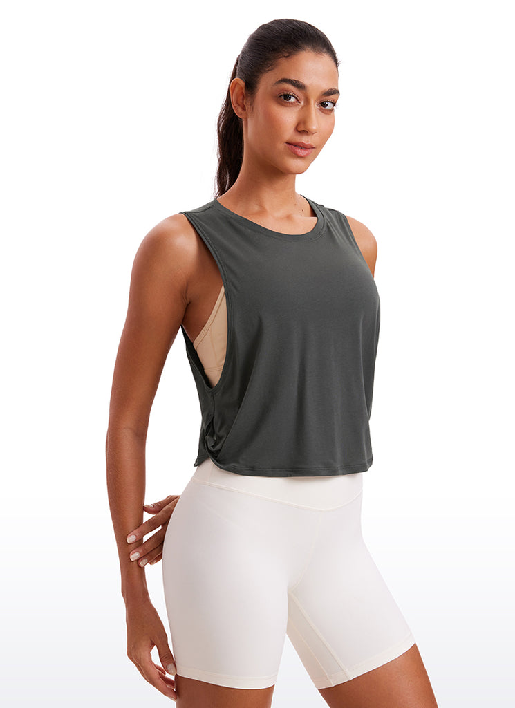 CRZ YOGA Women's Yoga Loose Fit Top Pima Cotton Crop Tank Deep Armhole Jade Grey