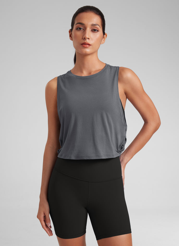 CRZ YOGA Women's Yoga Loose Fit Top Pima Cotton Crop Tank Deep Armhole Cascadia Green